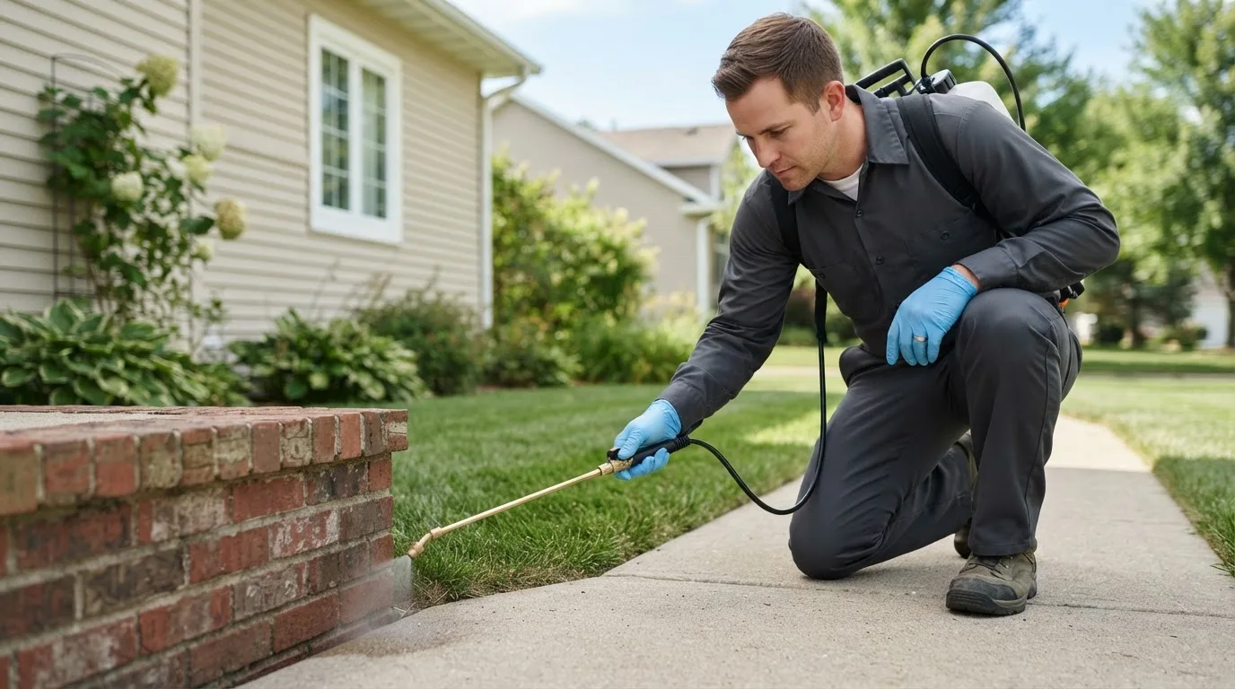 Pest control technician treating a home near Brookhaven, GA